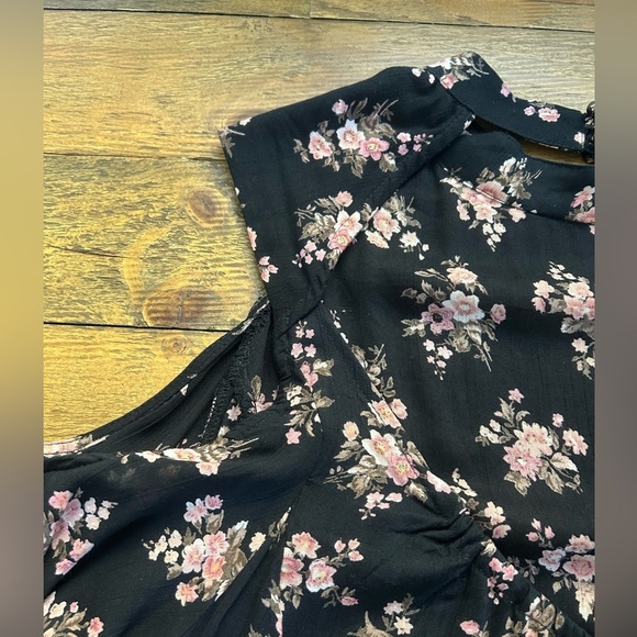ANGIE Black with pink Floral Cold Shoulder Dress Open Back Bohemian Fall - Picture 12 of 15